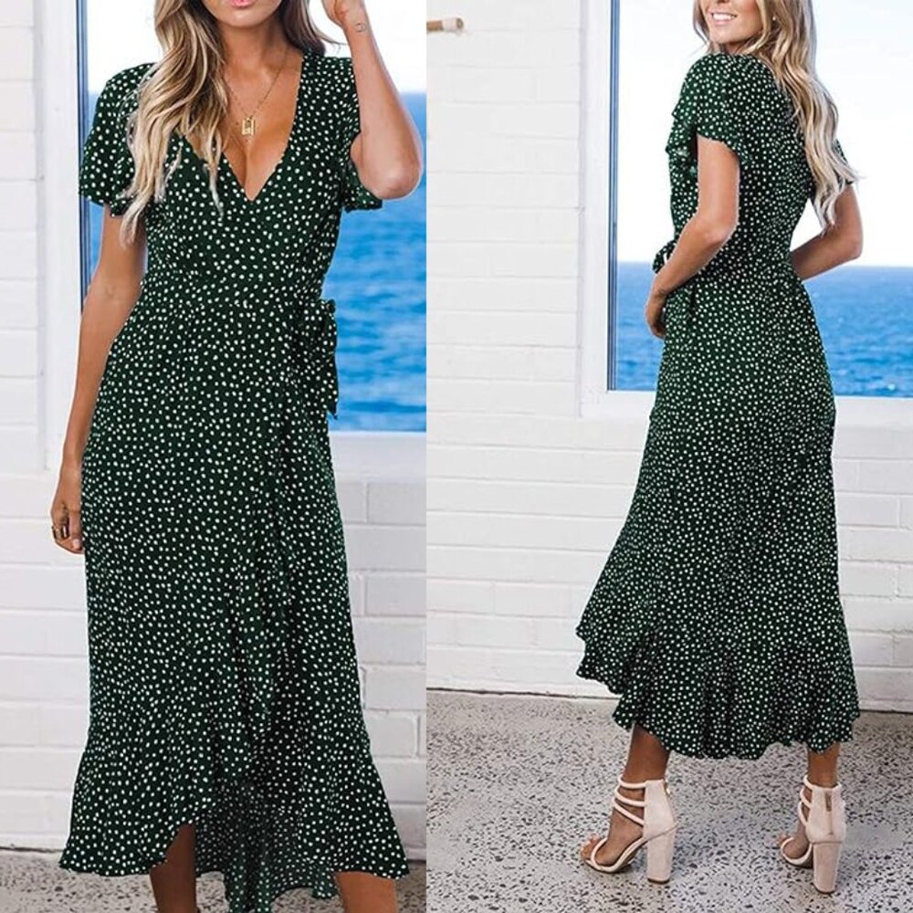 ZESICA Forest Green Polka Dot Printed Wrap V Neck Short Sleeve Dress L
